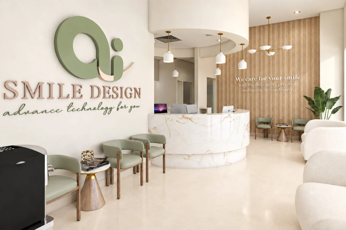 Ai Smile Design — Reception with a curved marble-look desk, sage-green chairs and a wood-slat wall reading “We care for your smile”