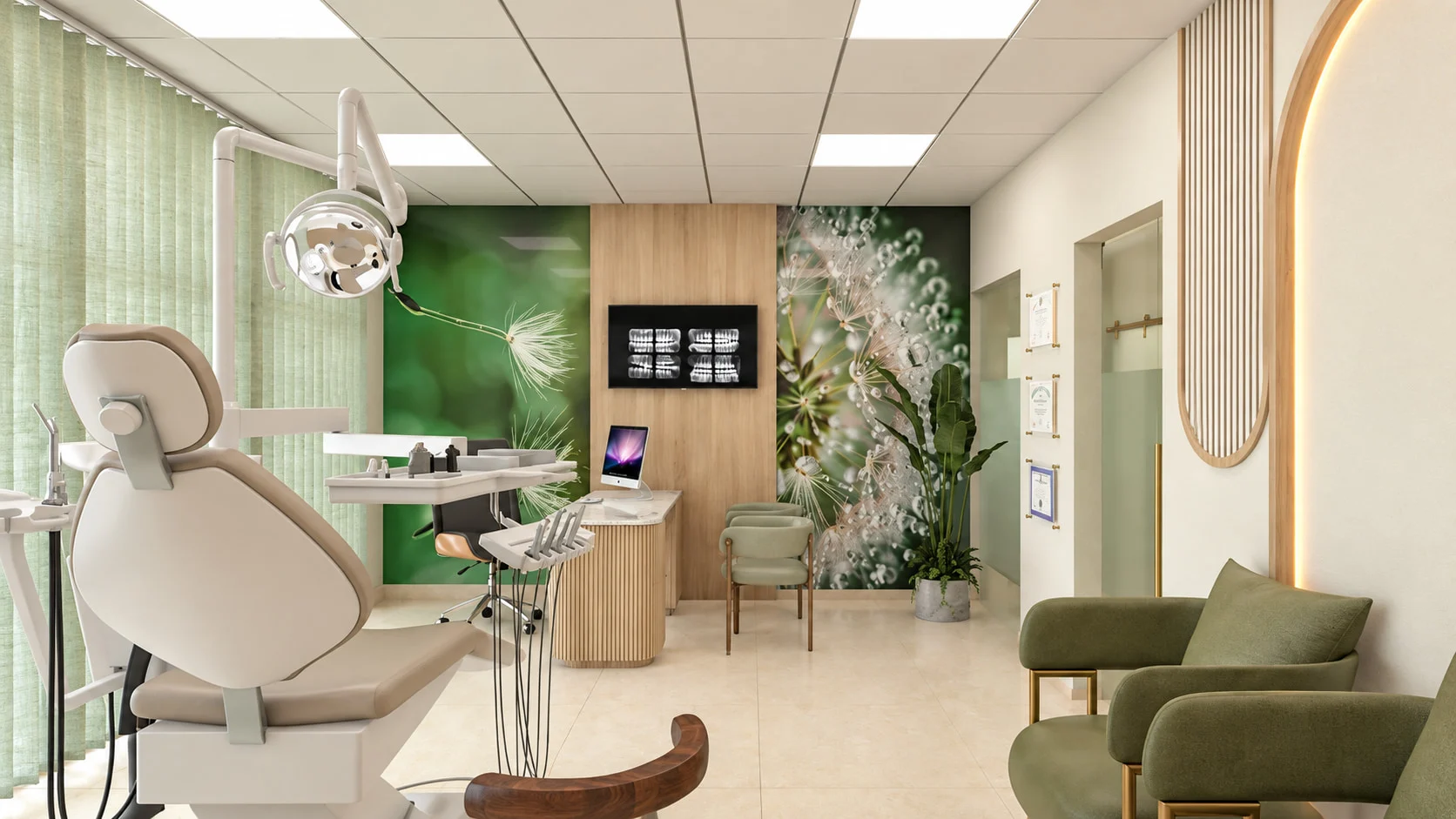 Ai Smile Design — Treatment room with a beige dental chair, green dandelion murals and an X-ray screen on a wood panel
