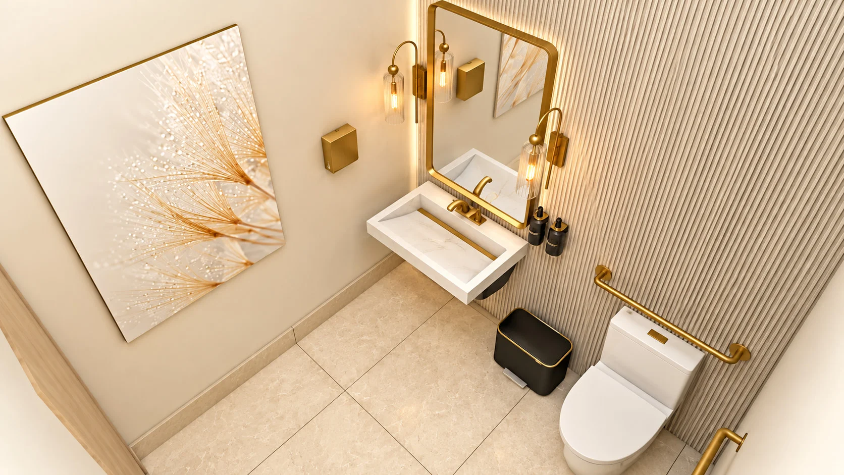 Ai Smile Design — Restroom seen from above, with a floating white sink, a brass-framed backlit mirror and a fluted wall