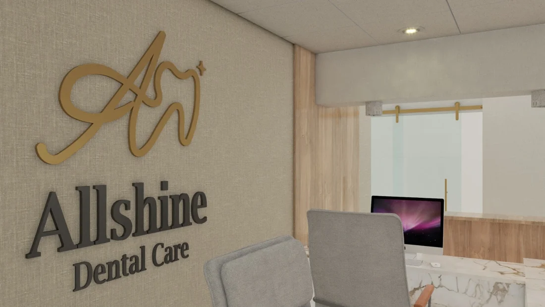 Allshine Dental Care — Close-up of the “Allshine Dental Care” logo with a gold tooth monogram on a linen-look wall