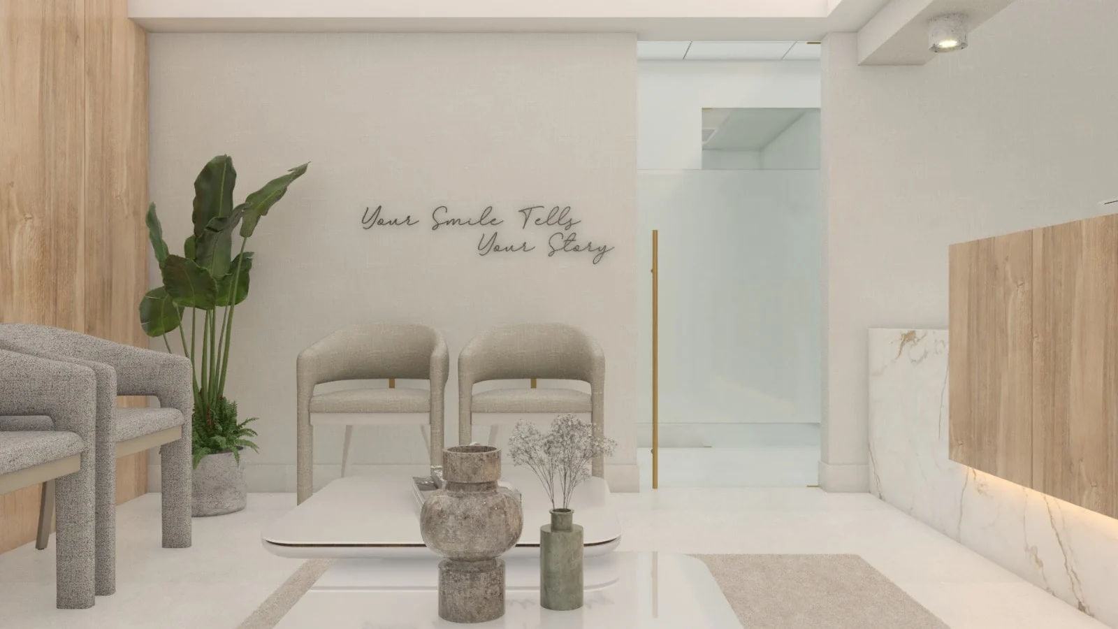 Allshine Dental Care — Waiting area with two beige chairs under the script lettering “Your Smile Tells Your Story”
