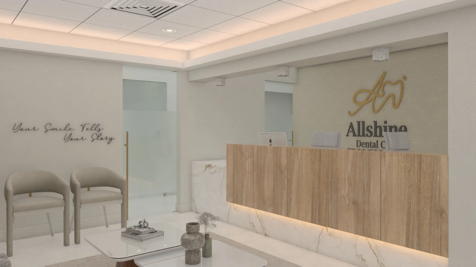 Allshine Dental Care — Reception with a wood-front desk above a lit marble-look base, beside two beige chairs