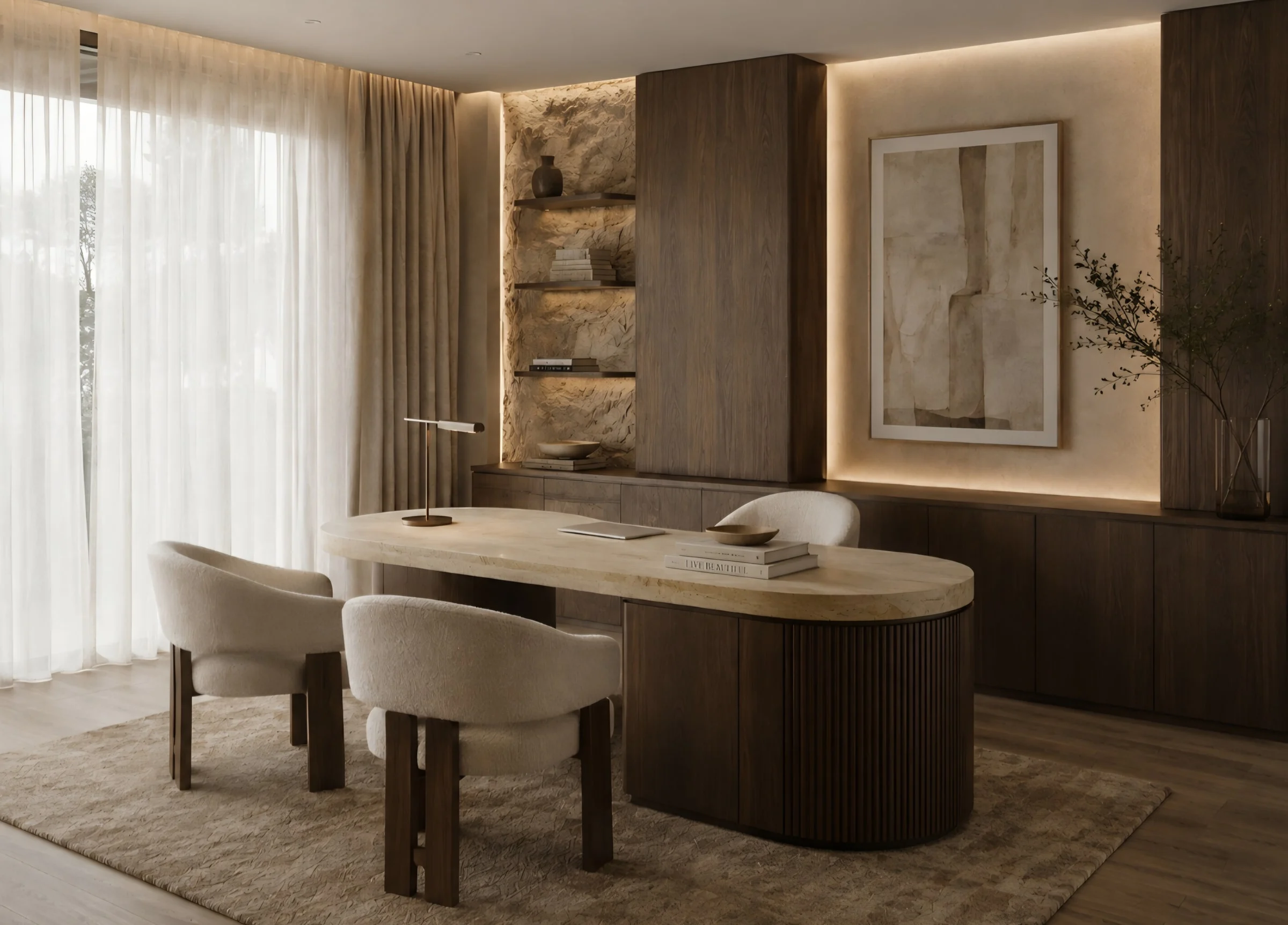 Alma Terra Residence — Home office with an oval stone desk on a fluted dark wood base and three cream armchairs