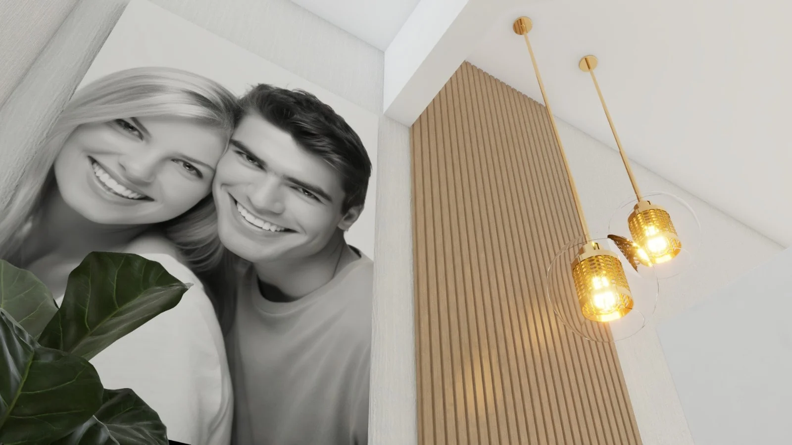 Bello-Burgos Smiles — Upward view of two brass-and-glass pendants by a wood-slat panel and a black-and-white portrait