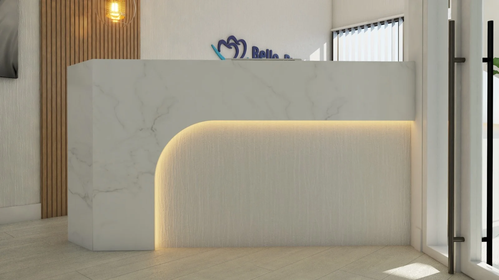 Bello-Burgos Smiles — Close-up of the marble-look reception desk with a curved, warmly backlit recess