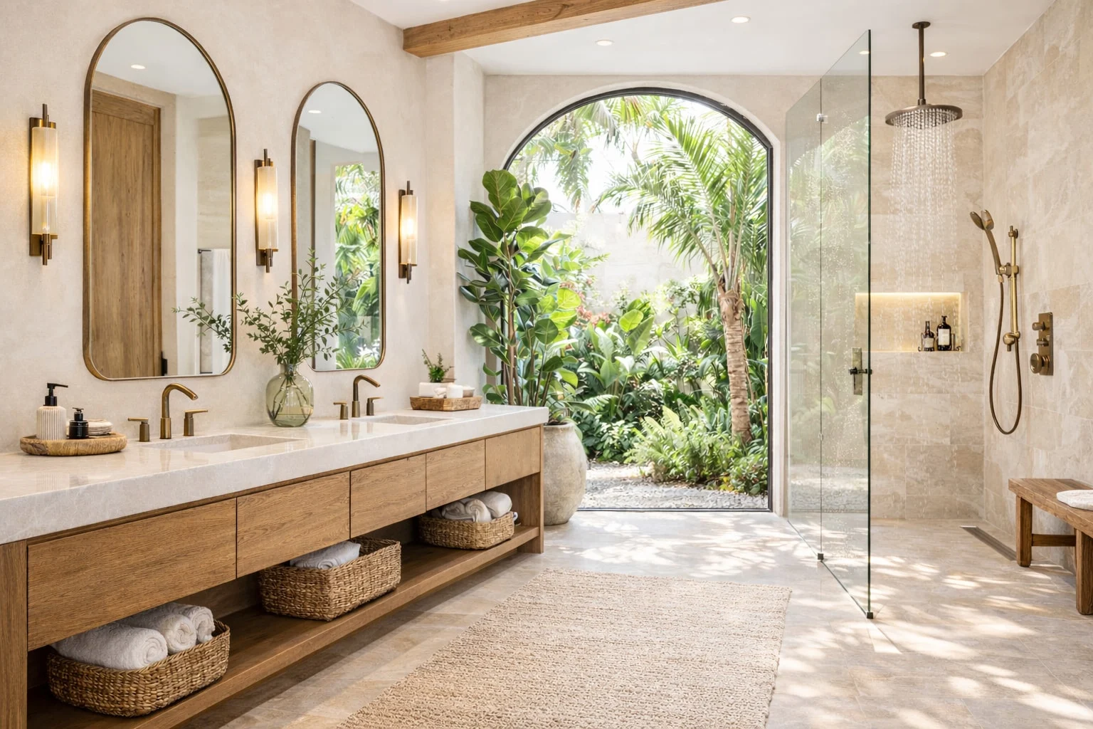 Casa Alma — Bathroom with a double wood vanity, arched brass-framed mirrors and a glass shower by an arched opening to the garden