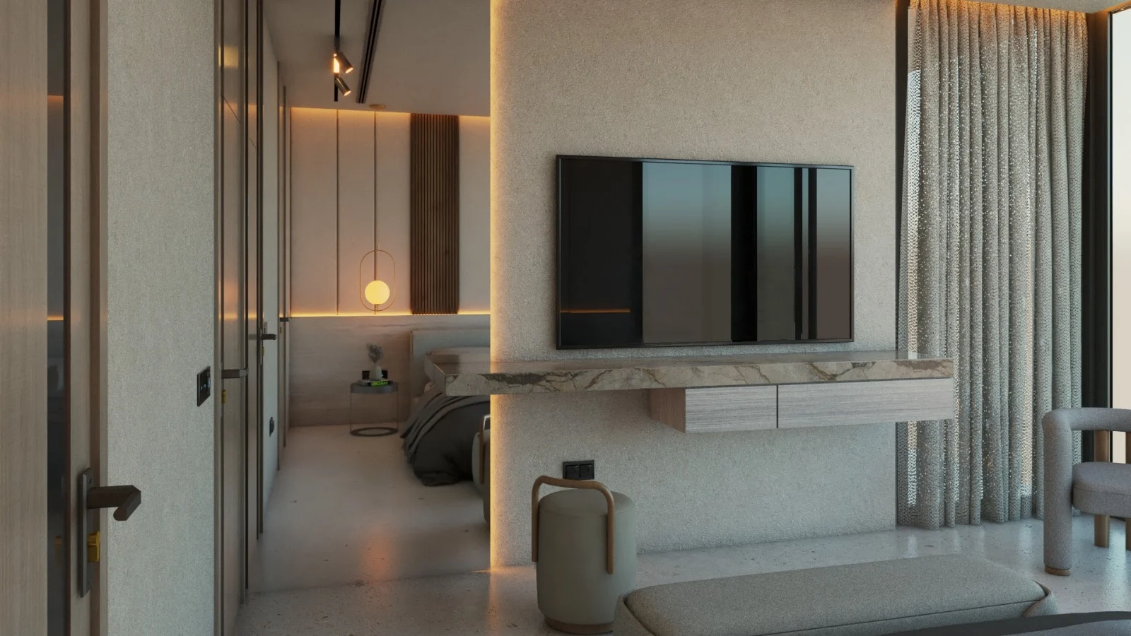 Casa Alva — TV wall with backlit edges and a floating stone-look console, the bed seen through an opening on the left