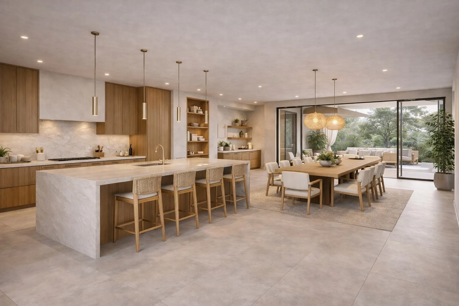 Casa Aurelia — Open kitchen and dining area with a stone waterfall island, woven-back stools and a long wood table