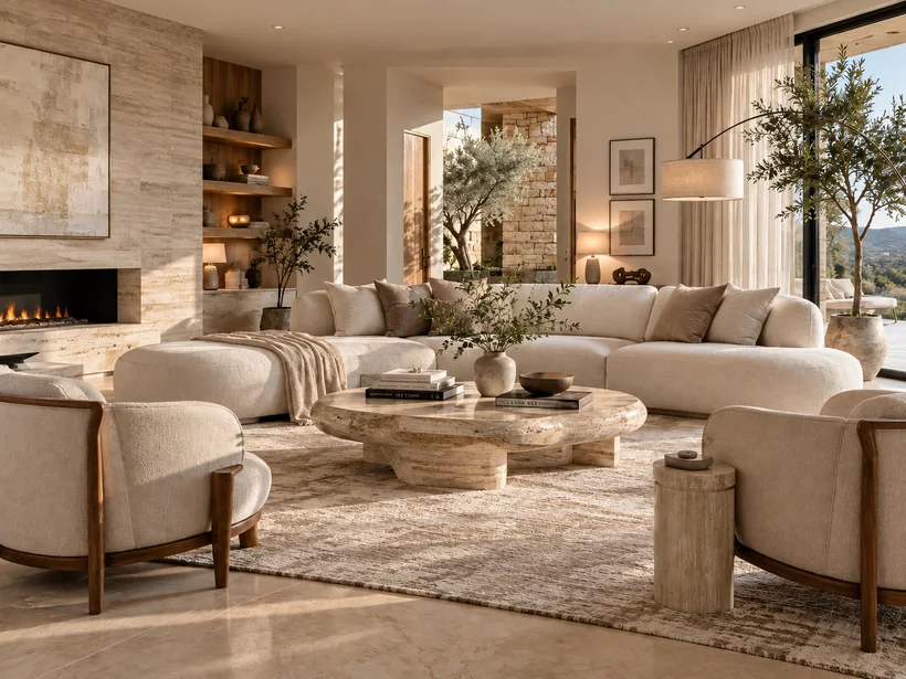 Casa Mallorca — Living room with a curved cream sofa and round stone coffee table beside a linear fireplace in a stone wall