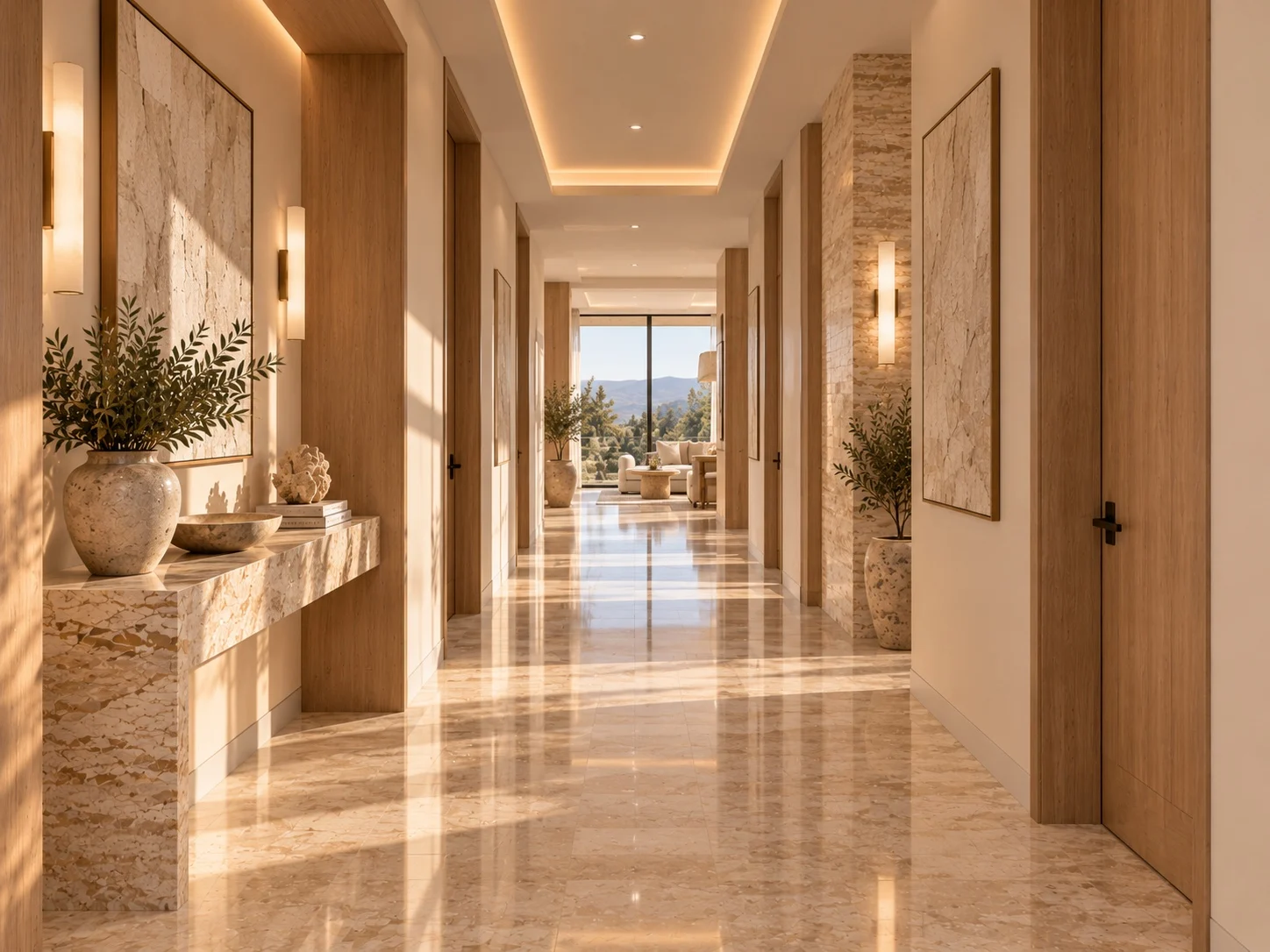 Casa Mallorca — Hallway with a polished stone floor, a stone console and wall sconces, leading to a window with a mountain view
