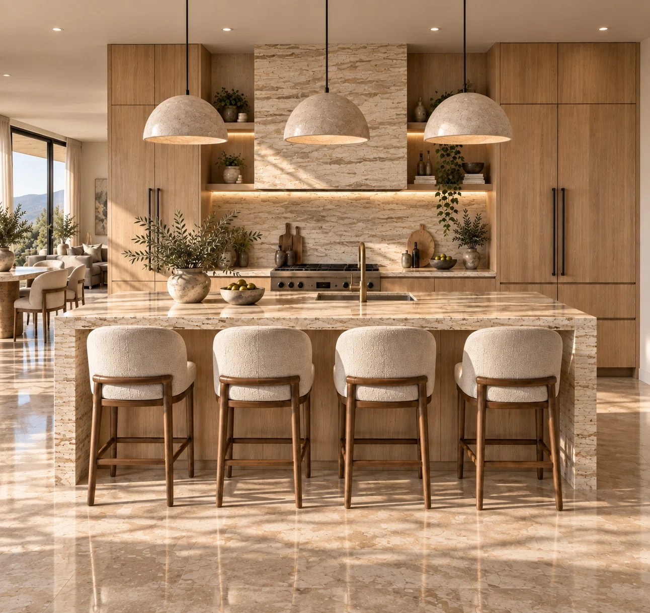 Casa Mallorca — Kitchen with a stone waterfall island, four upholstered stools and three dome pendants in front of wood cabinetry