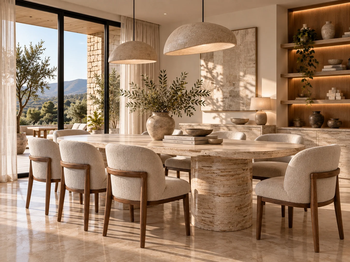 Casa Mallorca — Dining room with an oval stone pedestal table, upholstered wood-frame chairs and two dome pendants