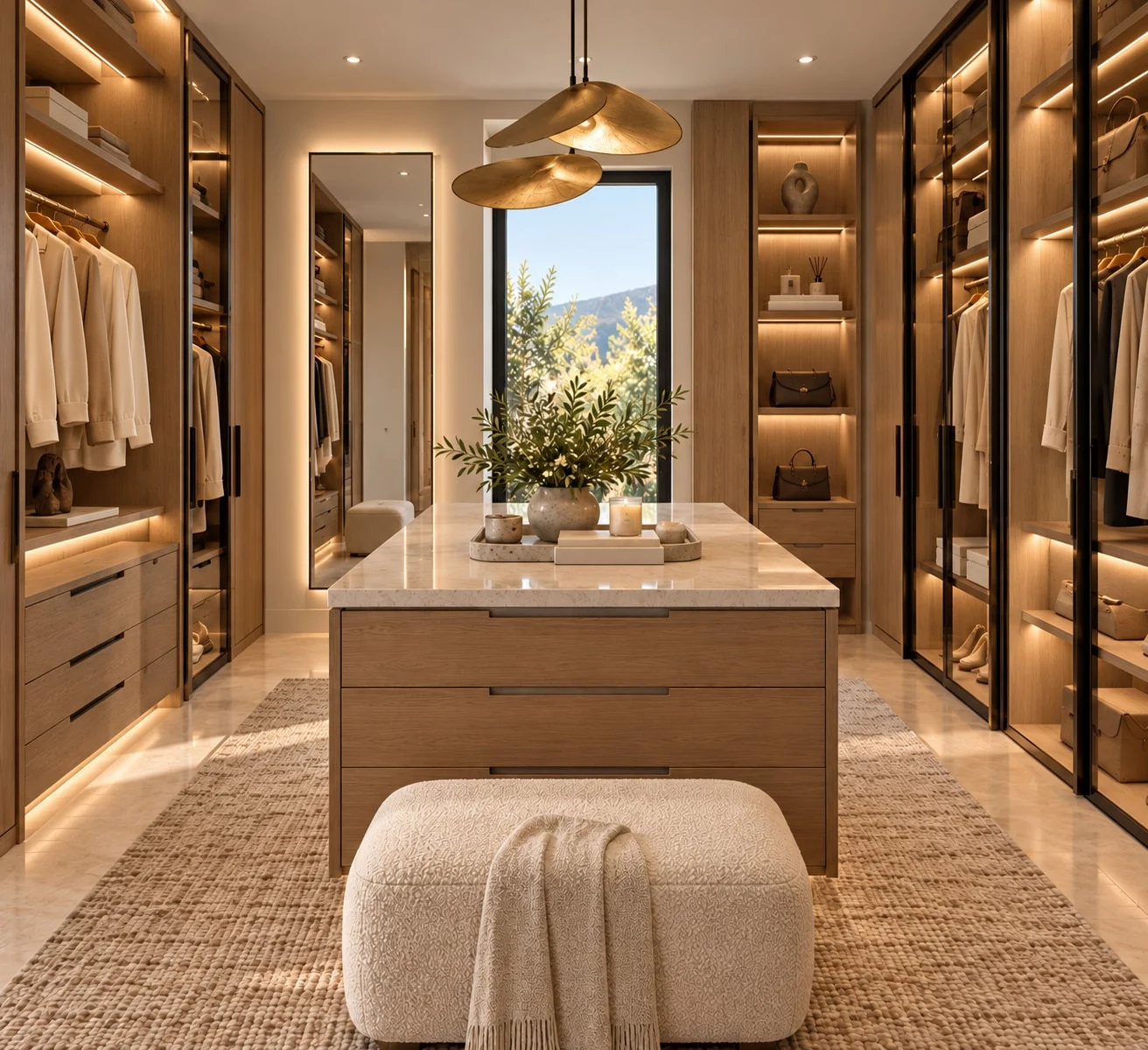 Casa Mallorca — Walk-in closet with a stone-topped island, lit glass-front wardrobes and brass-toned leaf-shaped pendants