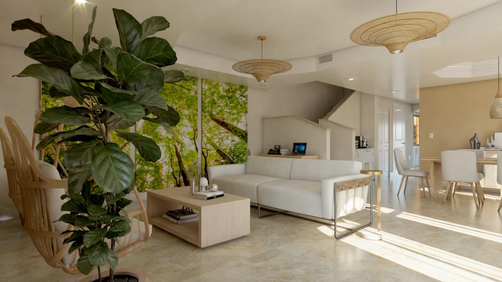 Casa Oliva — Living room with a white sofa, a tree-canopy mural and woven pendant lights, the dining area to the right