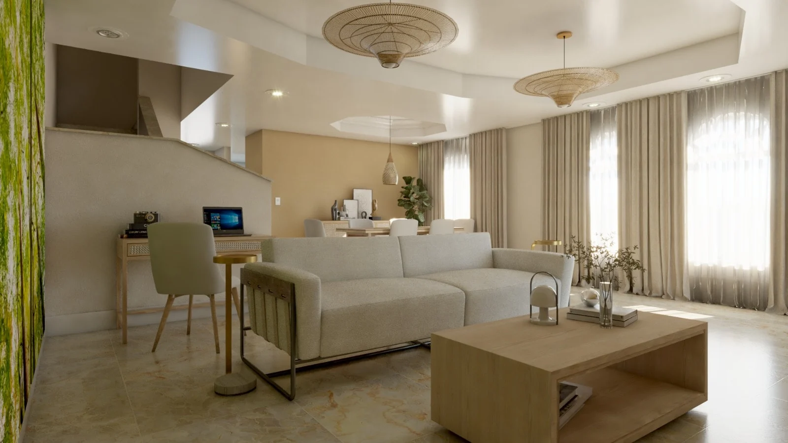 Casa Oliva — Living room looking toward the dining area, with a white sofa, a wood coffee table and curtained windows