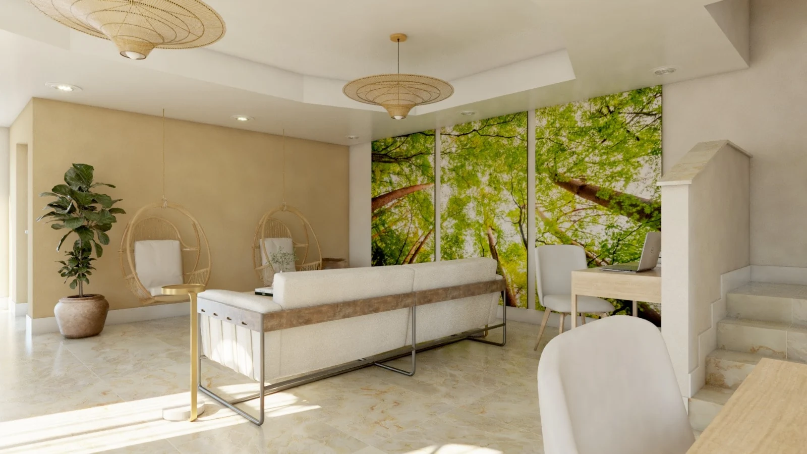 Casa Oliva — Living room seen from the stairs side, with the back of the sofa, two hanging rattan chairs and the tree mural at right
