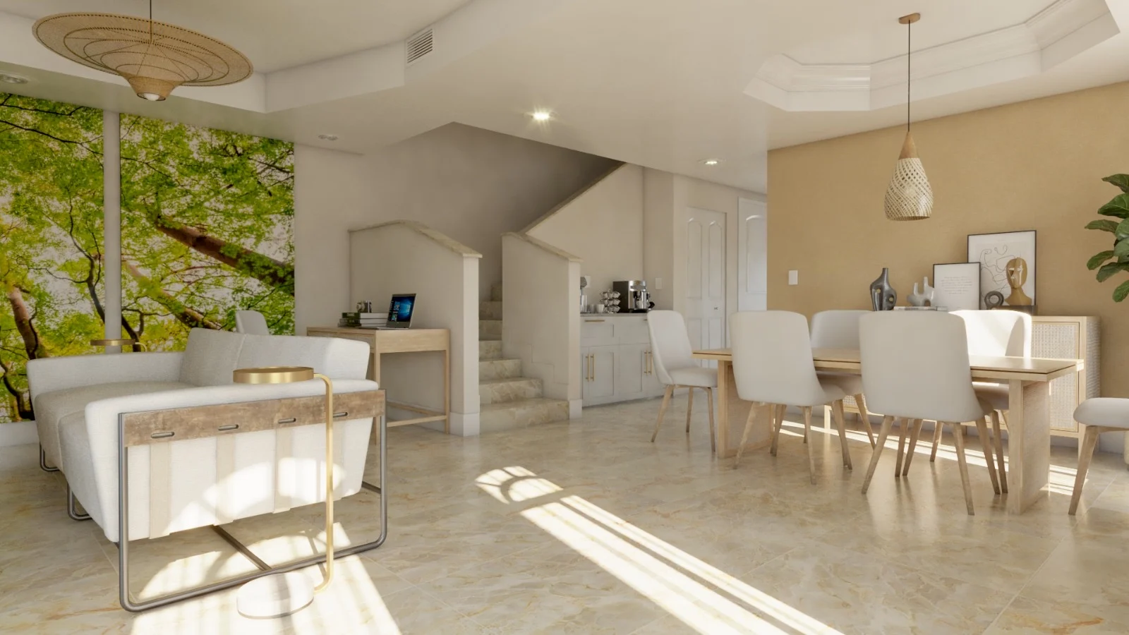 Casa Oliva — Dining area with a light wood table and white chairs under a woven pendant, the stairs and a coffee corner behind