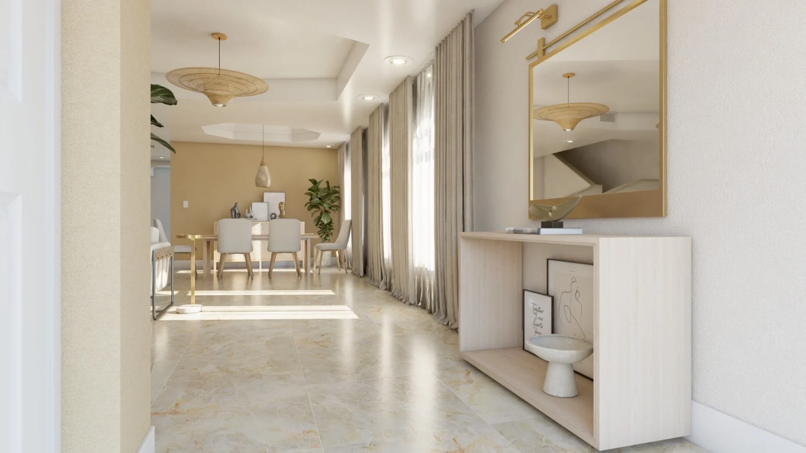 Casa Oliva — Hallway with a light wood console and a gold-framed mirror, the dining area at the far end