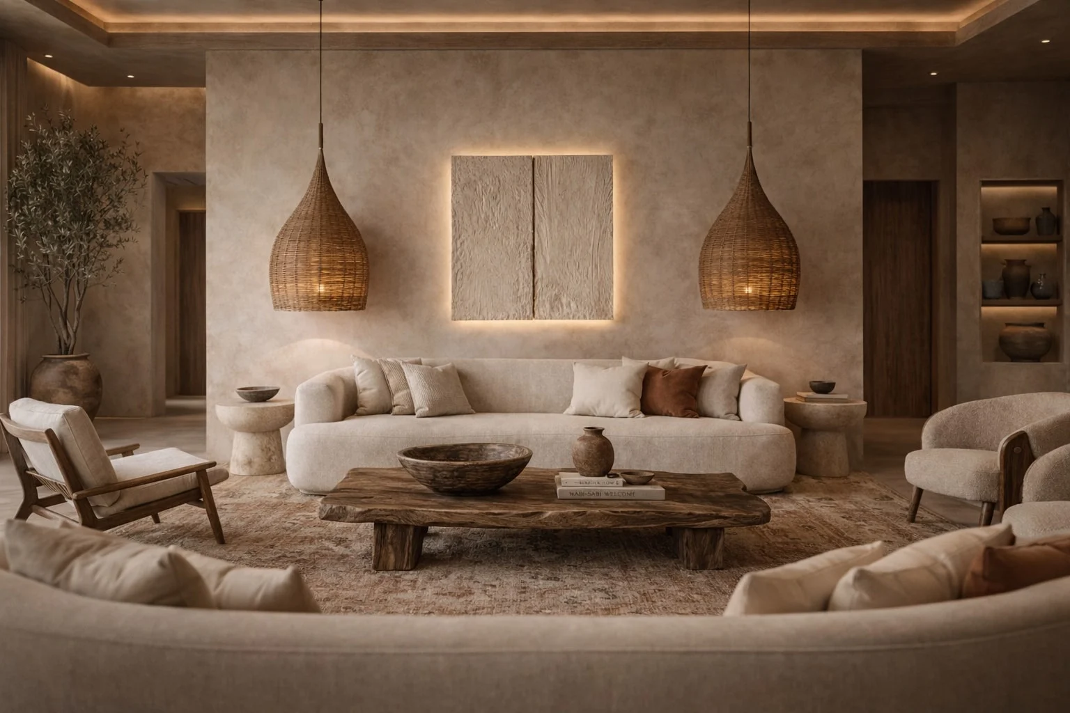 Casa Sienna — Living room with a backlit textured wall panel between two woven pendants above a curved cream sofa