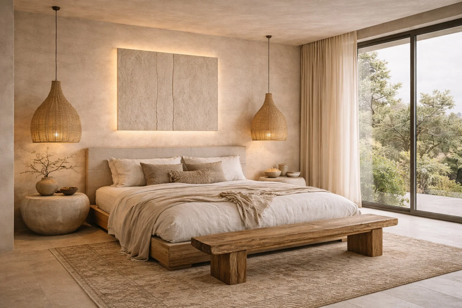 Casa Sienna — Bedroom with a low wood bed between two woven pendants, a rustic wood bench and a floor-to-ceiling window