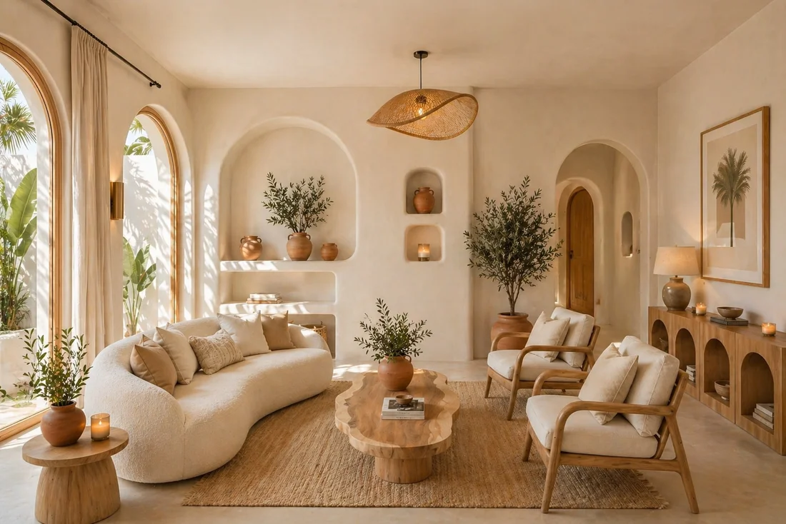 Casa Solenne — Living room with a curved cream bouclé sofa, wood armchairs and a woven pendant light by tall arched windows