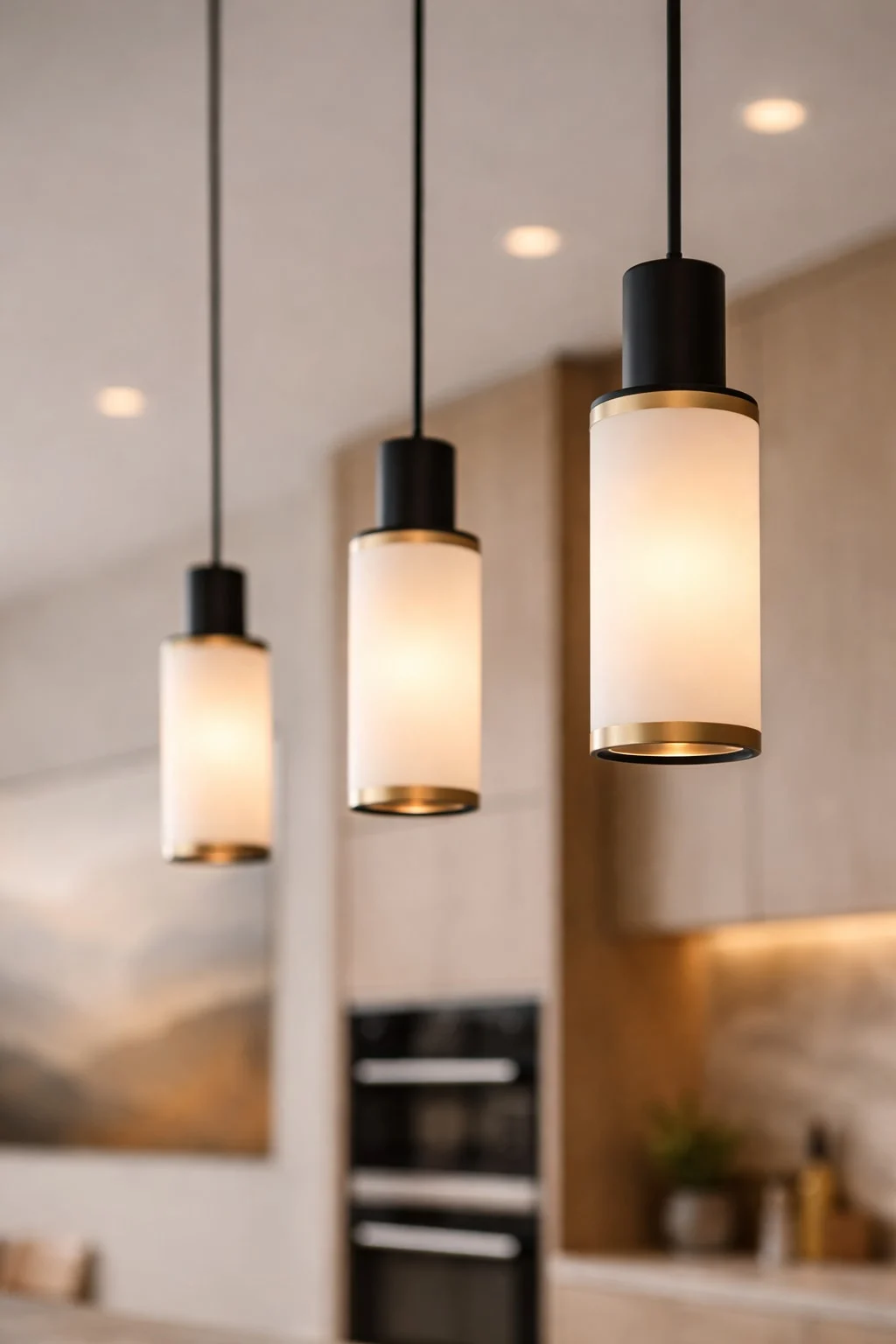 Casa Varenna — Detail of cylindrical white glass pendant lights with black and brass-toned trim over the kitchen