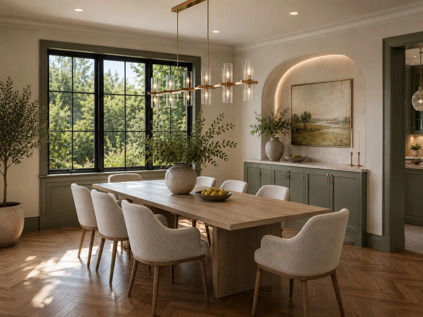 Casa Verde — Dining room with a long wood table, cream upholstered chairs and a linear chandelier in glass and brass-toned metal