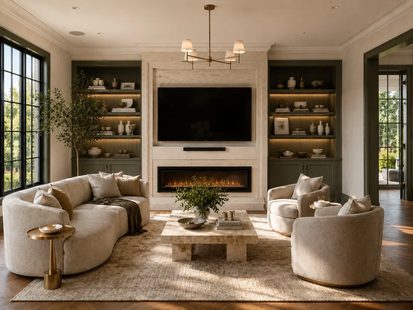 Casa Verde — Living room with a stone-look fireplace and TV wall between lit green shelves, a curved cream sofa and two armchairs