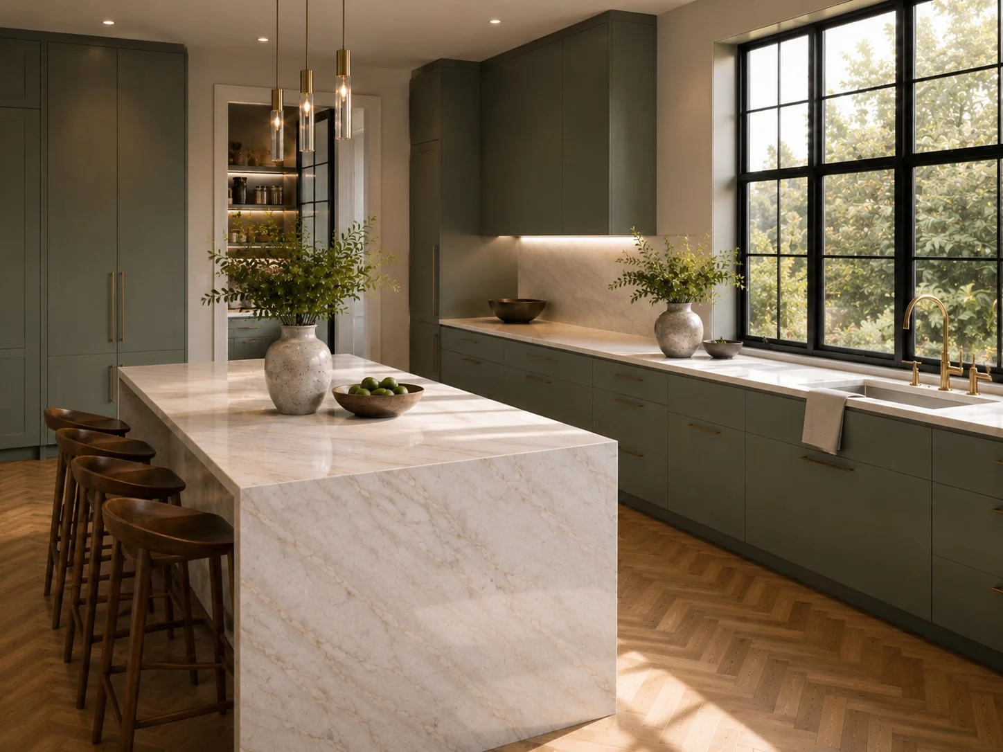 Casa Verde — Kitchen seen from the end of the veined-stone island, with four wood stools and a doorway to lit shelves beyond