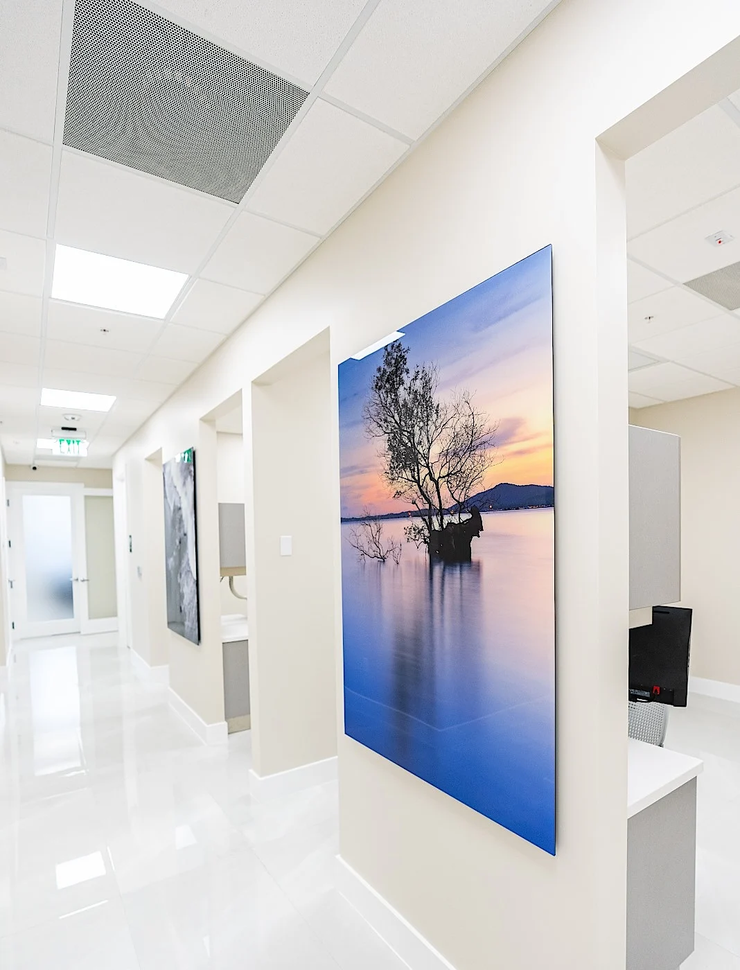 Clear Smiles Dental — Corridor with a large color photograph of a lone tree in still water