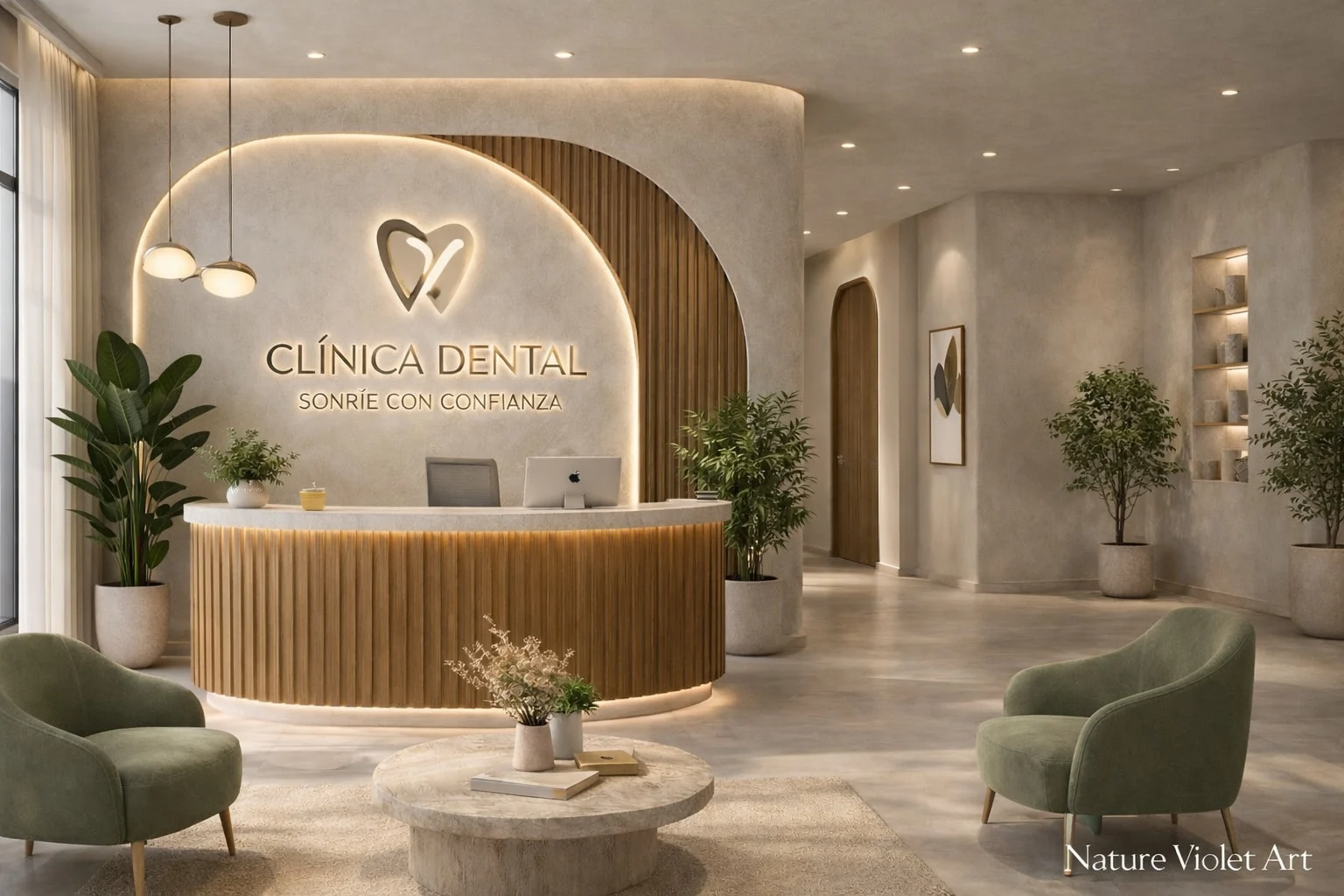 Clínica Dental — Sonríe con Confianza — Reception with a curved wood-slat desk, a backlit logo and sage-green armchairs around a round table