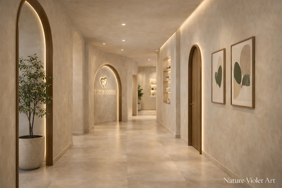 Corridor with backlit wood-framed arches, an arched wood door, leaf prints and the lit logo farther down