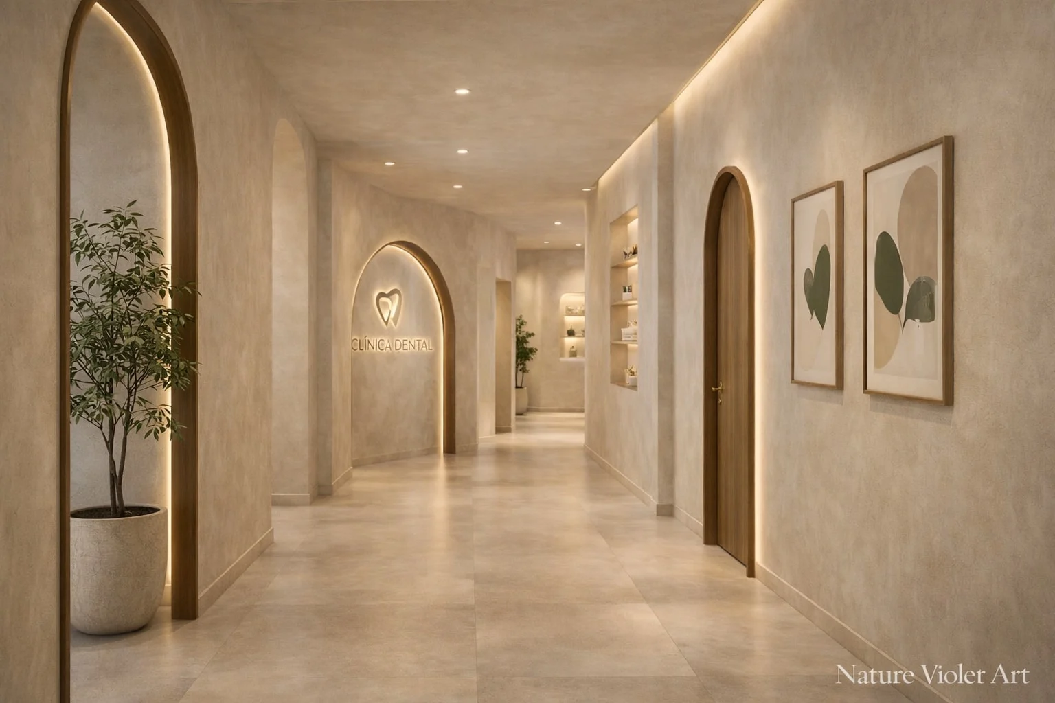 Clínica Dental — Sonríe con Confianza — Corridor with backlit wood-framed arches, an arched wood door, leaf prints and the lit logo farther down