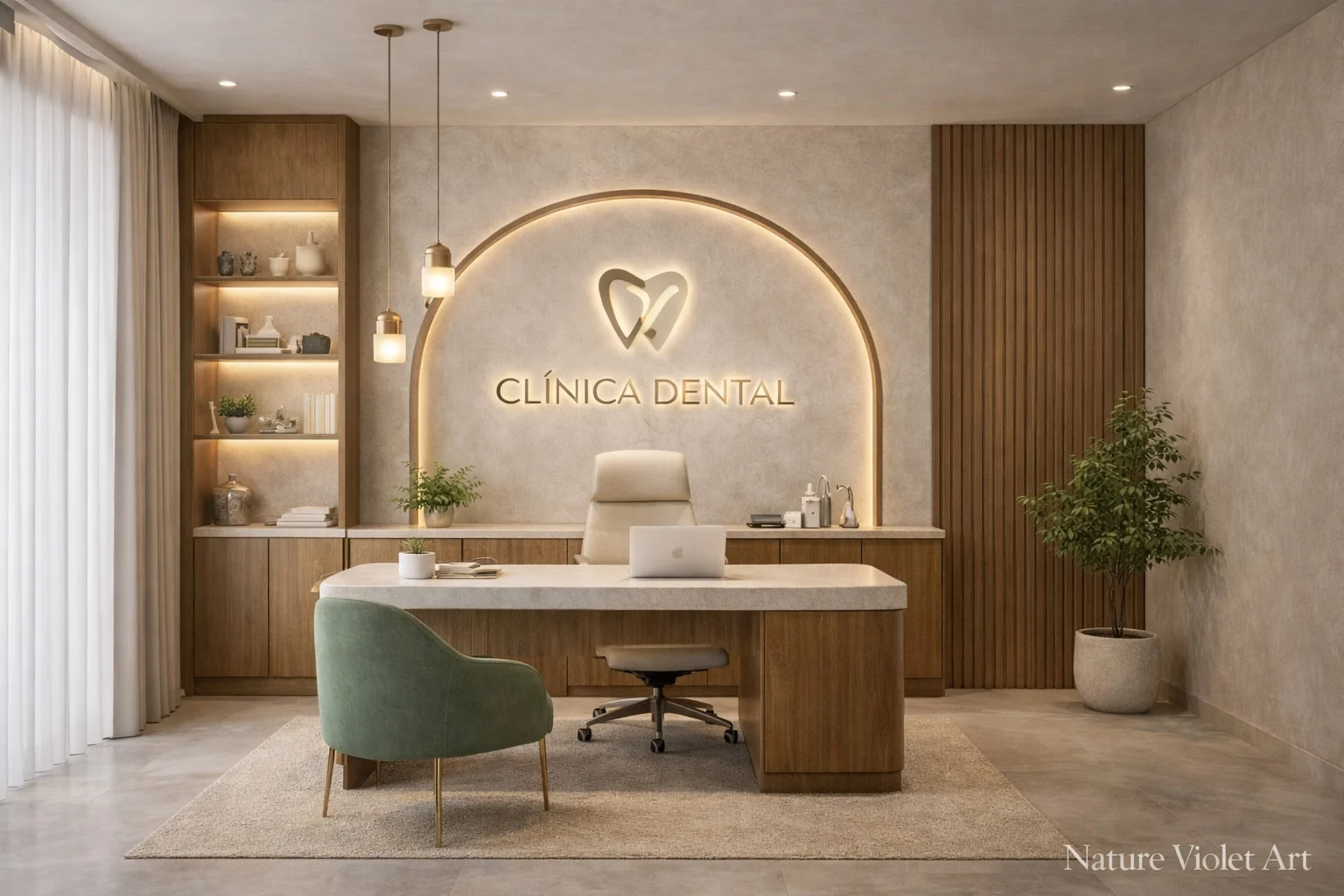 Clínica Dental — Sonríe con Confianza — Office with a stone-look desktop on a wood base, a green armchair and the backlit logo inside an arch