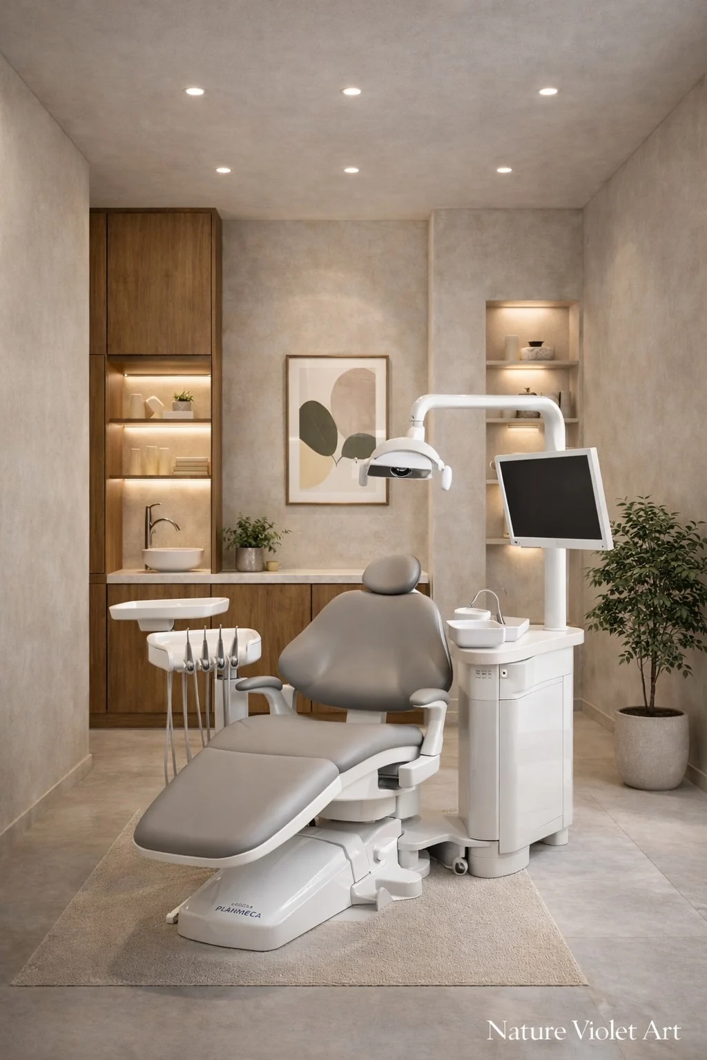 Clínica Dental — Sonríe con Confianza — Treatment room with a gray dental chair, a mounted monitor and backlit wood shelving behind