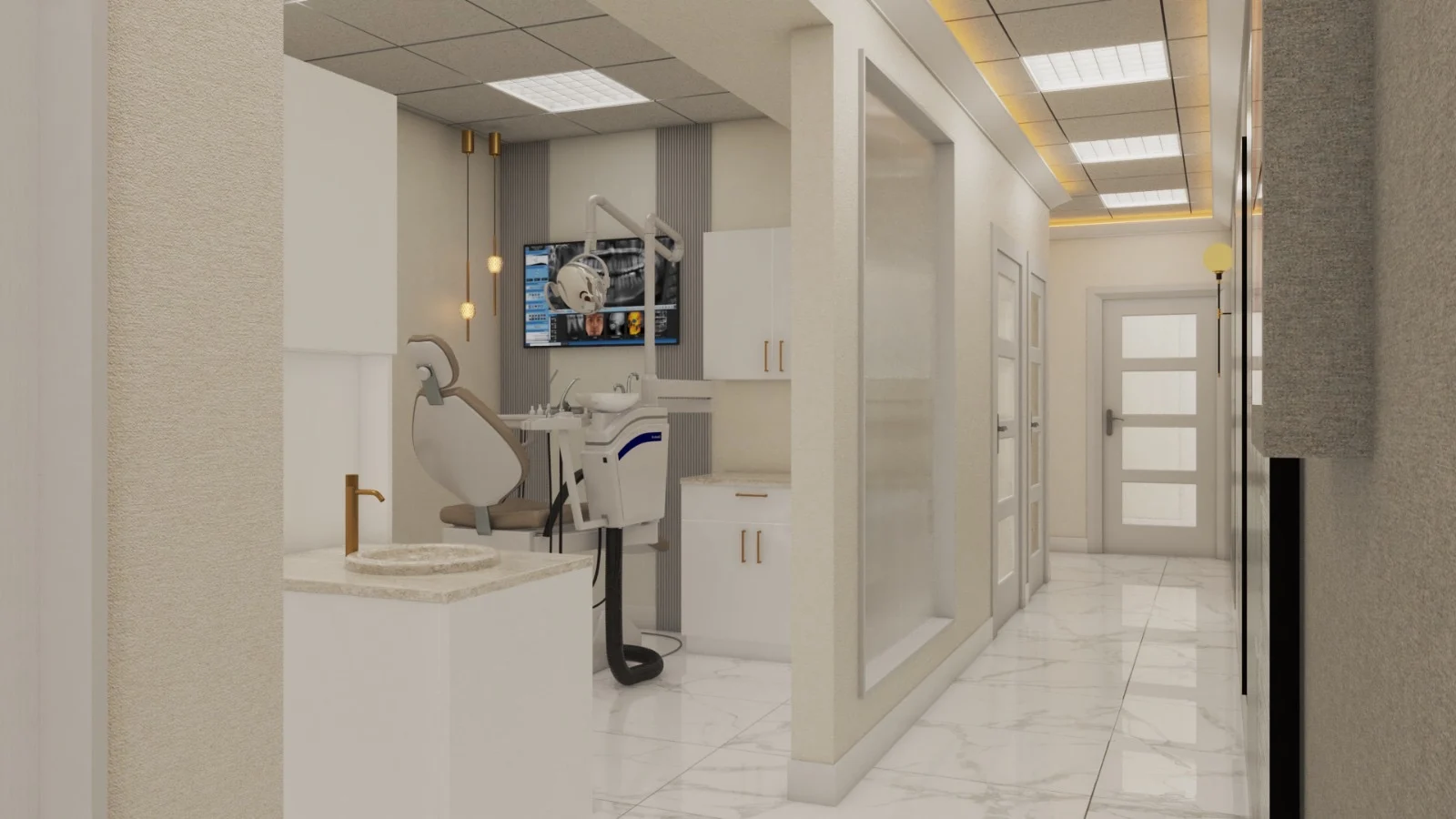 Dental American Group — Corridor with marble-look tiles and frosted-glass doors, beside an open treatment room with a dental chair