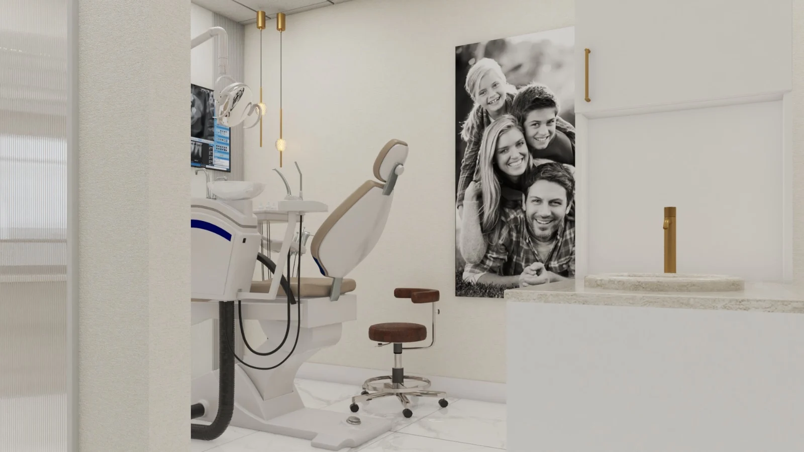 Dental American Group — Treatment room with a dental chair beside a large black-and-white family photo and a brass faucet