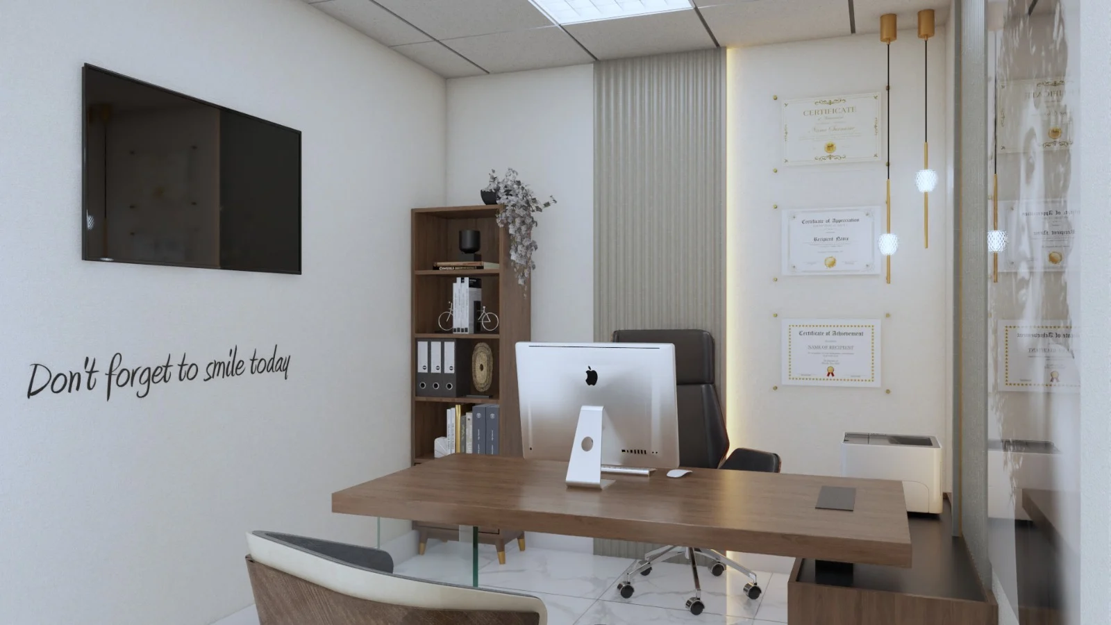 Dental American Group — Office with a wood desk, a bookcase and framed certificates, and “Don’t forget to smile today” on the wall