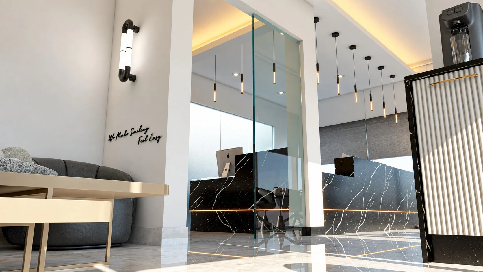 Deluxe Smiles — Low-angle view through a glass partition to a black marble-look reception desk under slim pendant lights