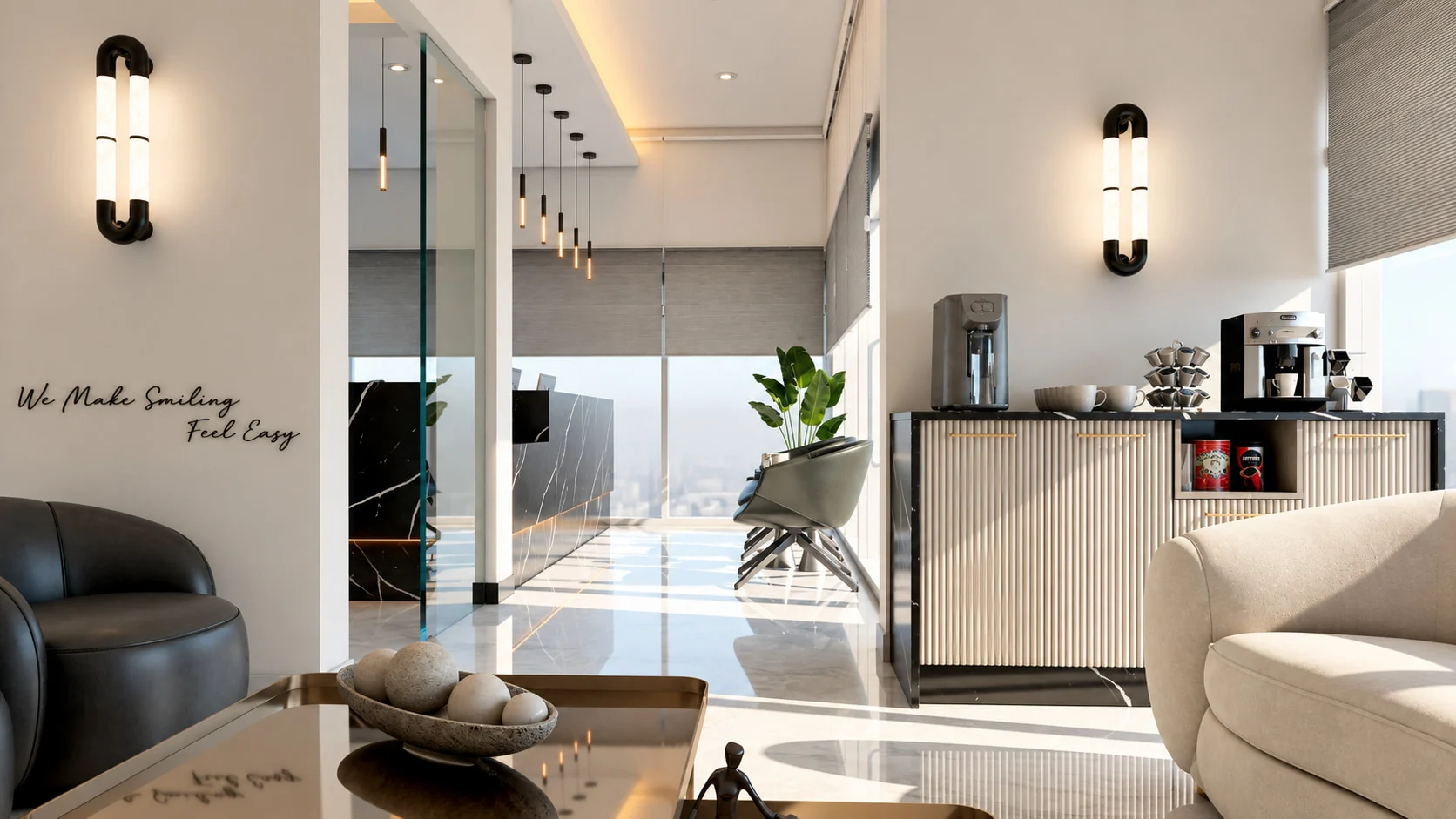 Deluxe Smiles — Lounge with a fluted coffee station and tube wall sconces, looking toward reception and tall windows