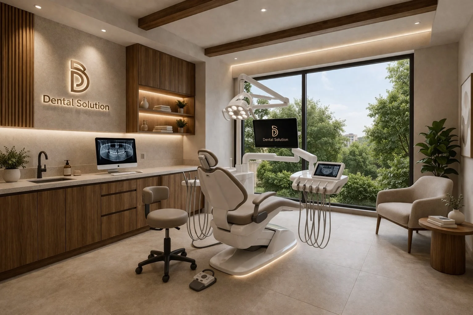 Dental Solution — Treatment room with a white and taupe dental chair facing a large window onto trees, wood cabinets at left