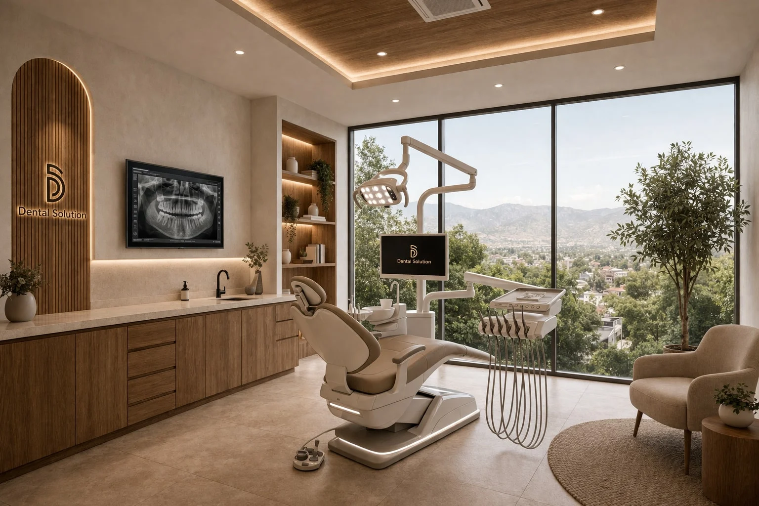 Dental Solution — Treatment room with an X-ray on a wall screen and a dental chair before floor-to-ceiling windows onto mountains
