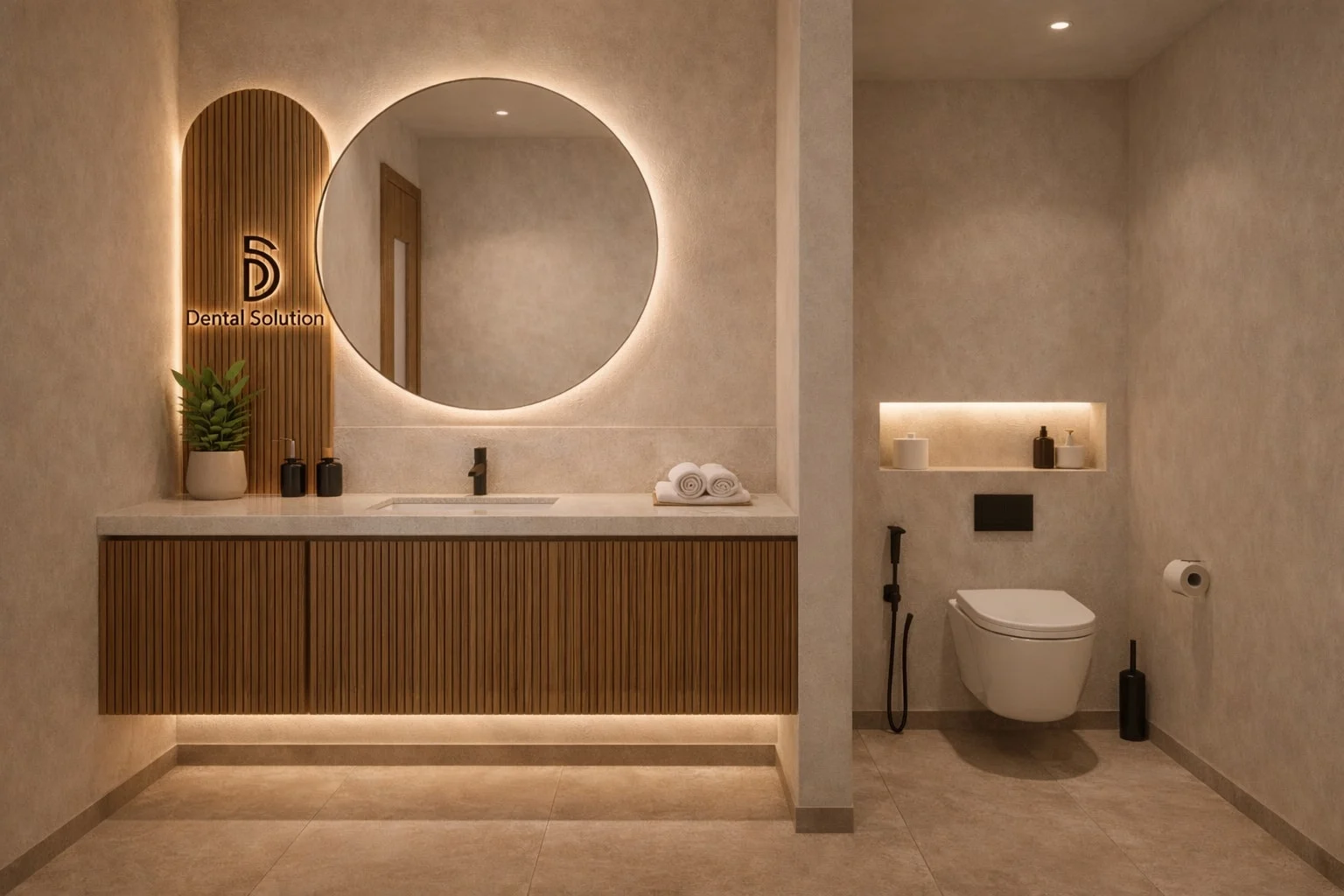 Dental Solution — Restroom with a fluted wood floating vanity, a round backlit mirror and a wall-hung toilet