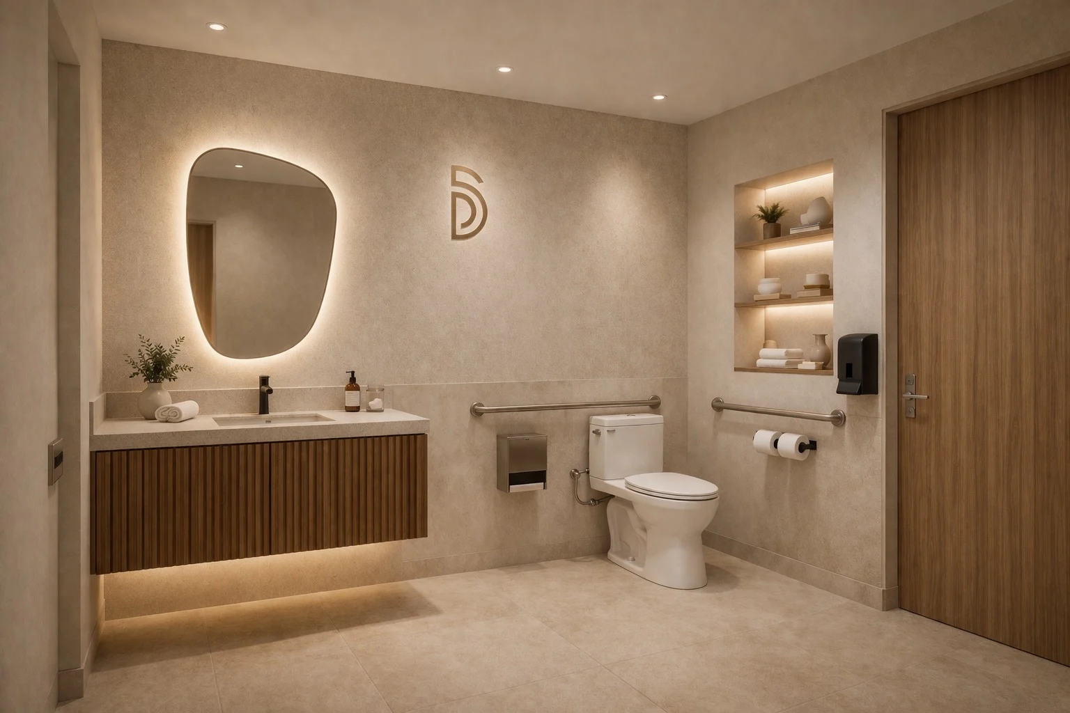 Dental Solution — Restroom with a free-form backlit mirror over a fluted wood vanity and grab bars beside the toilet