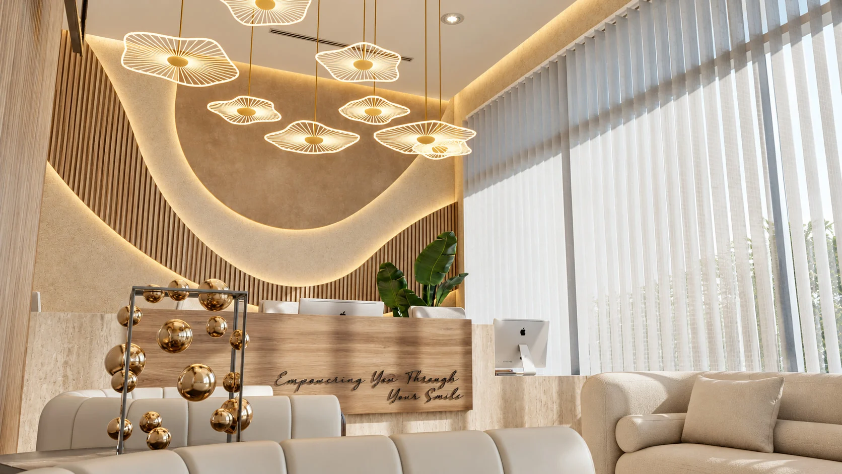 Dentica — Reception seen from the waiting area, under wavy openwork pendant lights, with a gold sphere sculpture