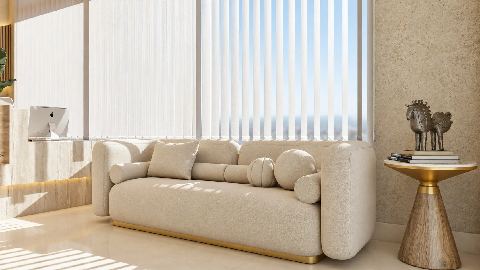 Dentica — Waiting area with a cream sofa on a brass-toned base by vertical blinds, next to a wood side table