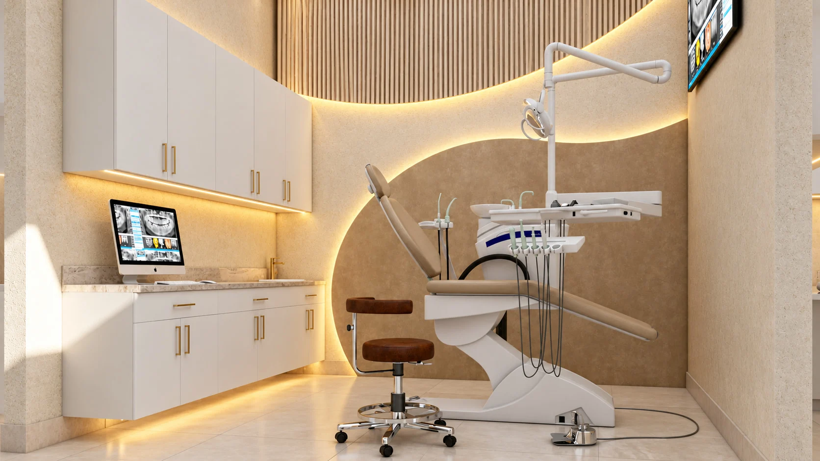 Dentica — Treatment room with a beige dental chair against a backlit curved wall under wood slats
