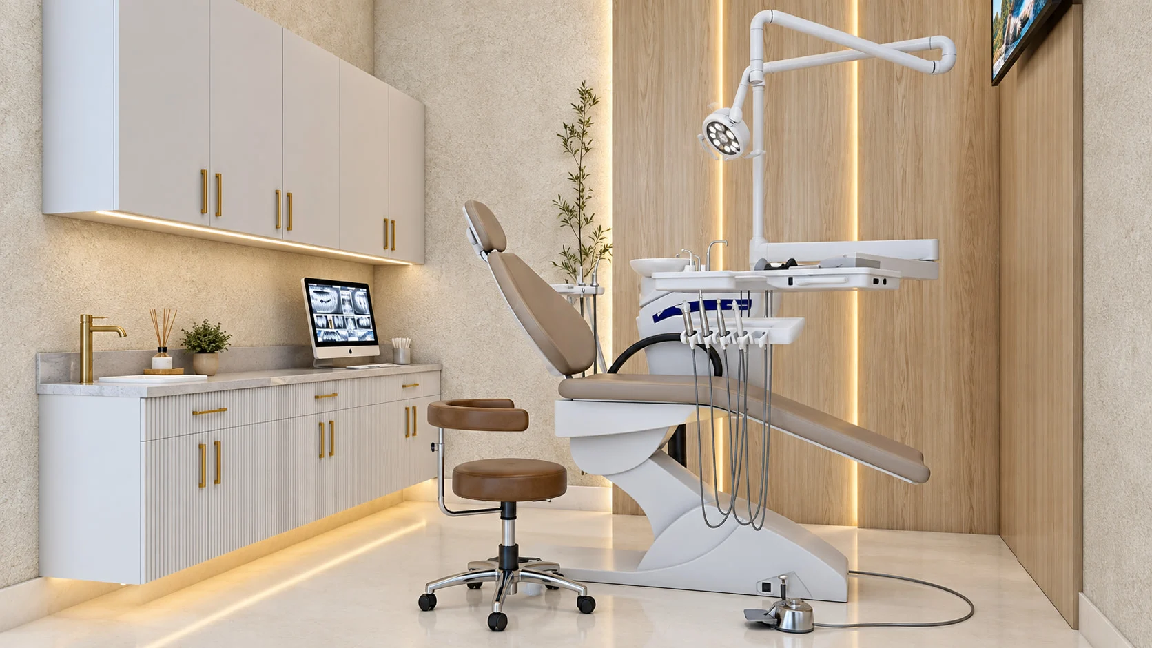 Dentica — Treatment room with a beige dental chair and a potted plant against wood panels split by vertical light strips