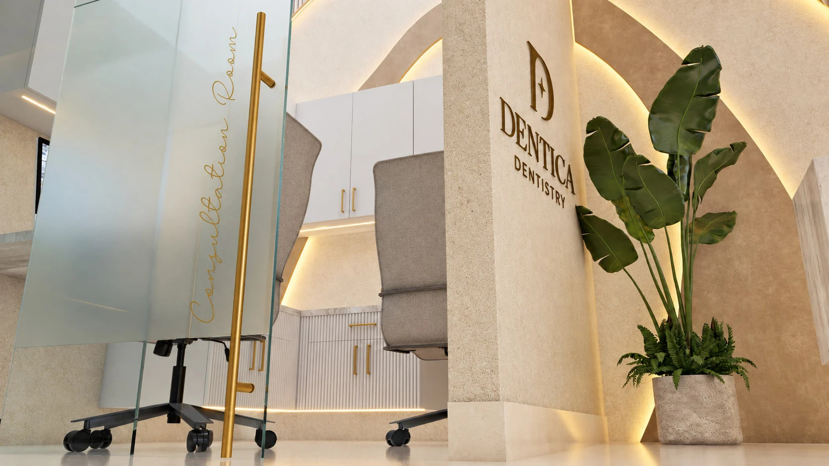 Dentica — Glass door lettered “Consultation Room” beside a column with the “Dentica Dentistry” logo and a tall plant