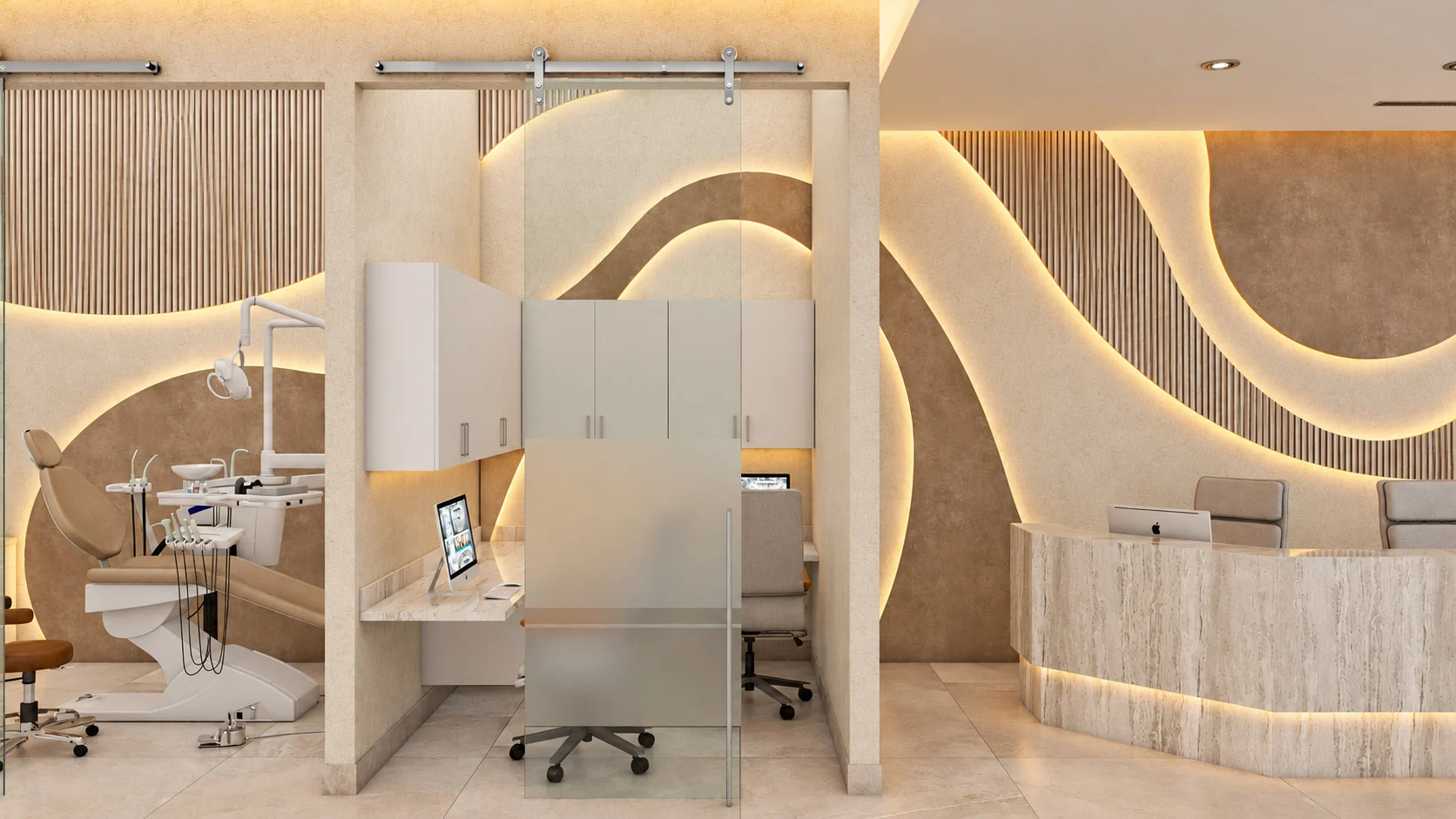 Dentica — View across a treatment room, a glass-door office and the stone-look reception desk before a wavy backlit wall